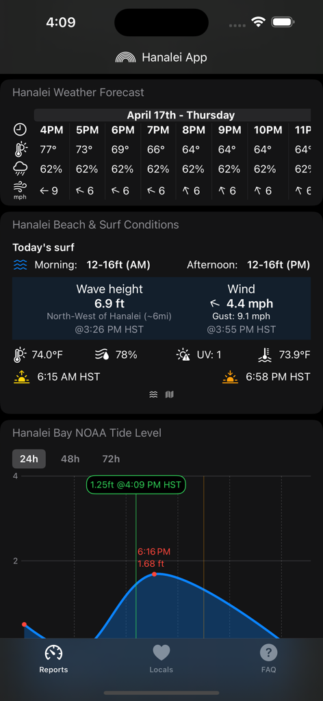 Hanalei app dashboard showing real-time weather forecasts surf conditions and tide levels
