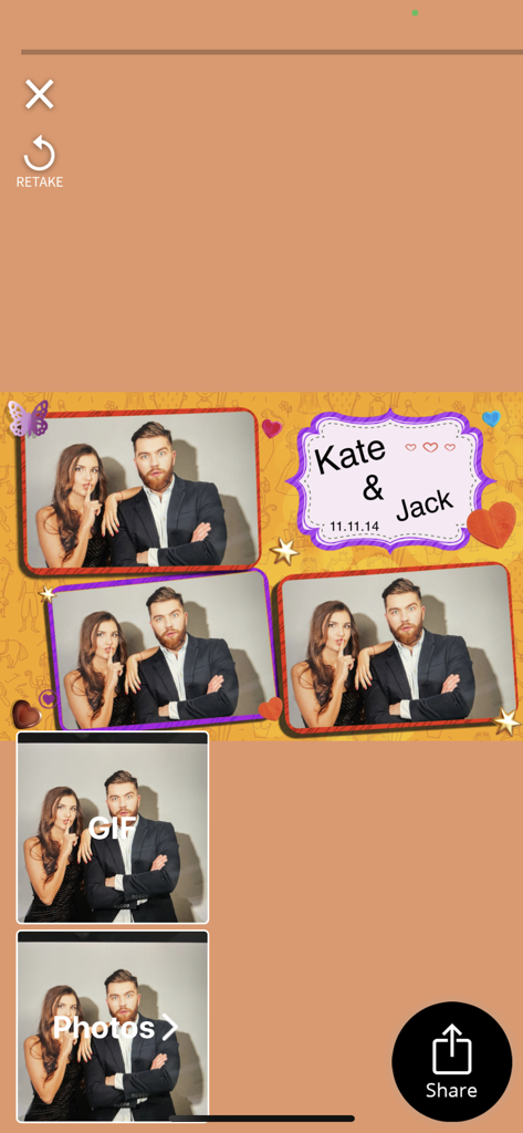 LumaBooth Event Photo Booth - LumaBooth app interface displaying a personalized wedding photo booth layout for Jack and Kate with sharing and retake options.