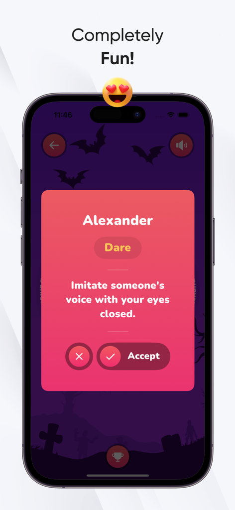 Spin the Bottle・Truth or Dare? - Spin the Bottle app showing a dare challenge to imitate a voice with eyes closed