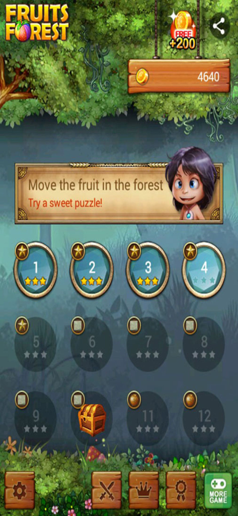 Pantalla de selección de nivel del juego Fruits Forest que muestra el progreso con estrellas y un personaje guía de dibujos animados.