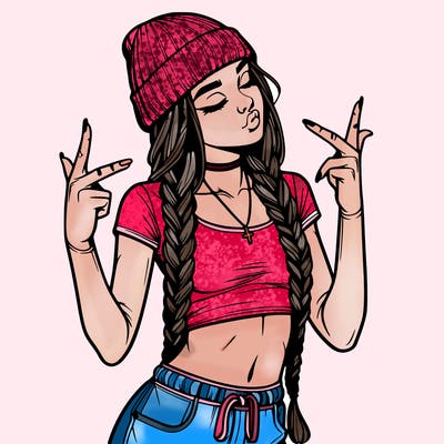 realistic teenage girl with braids and a beanie and crop top doing 🫶🏼