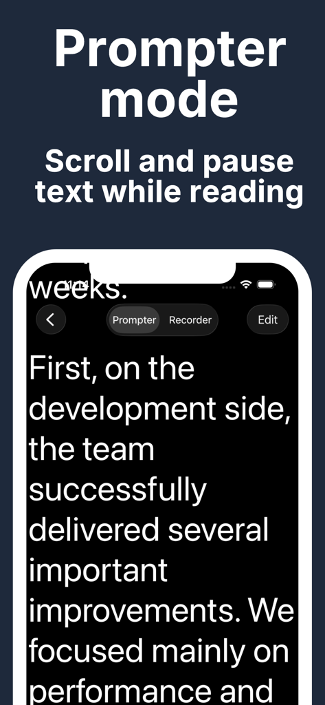 GoTeleprompter: Video Prompter - GoTeleprompter app Prompter mode showing scrolling script text