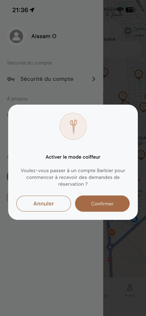 A popup in the Yada Coiffure app asking a user if they want to switch to a professional barber account to receive booking requests.