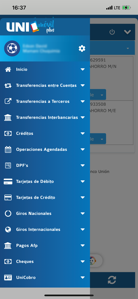 Side navigation menu of UNImovil Plus app showing banking options like transfers credits and international wires