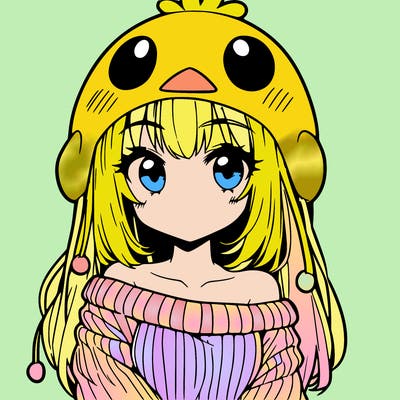 anime girl with chick shaped hat with sweater with bare shoulders with bangs covering them one eye with low tail