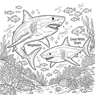 Explore the awe-inspiring differences between the ancient Megalodon and the modern Great White Shark with this captivating coloring page. Perfect for marine biology enthusiasts, this detailed illustration offers a unique comparison of two legendary ocean predators.