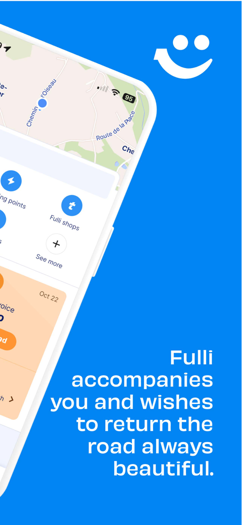 Fulli - Fulli app screen showing map navigation and highway service icons