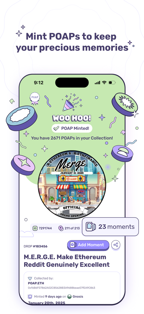 Interfaz de la aplicación POAP Home que muestra una insignia digital acuñada con éxito para un evento con un contador de colección