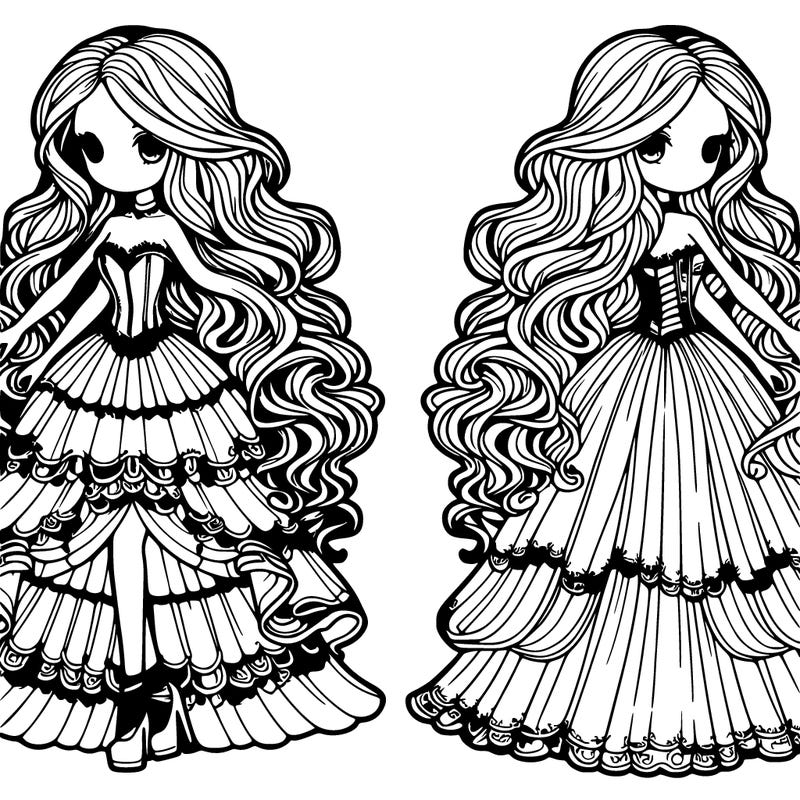 two realistic detailed girls with long flowing dresses and  long wavey hair