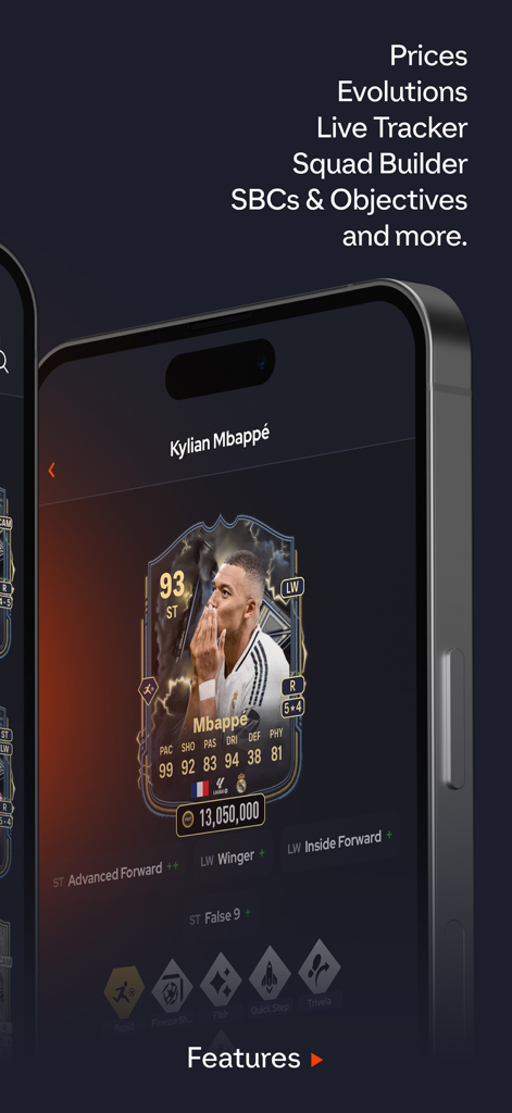 FUT.GG app interface showing Kylian Mbappe player card with stats price and features list