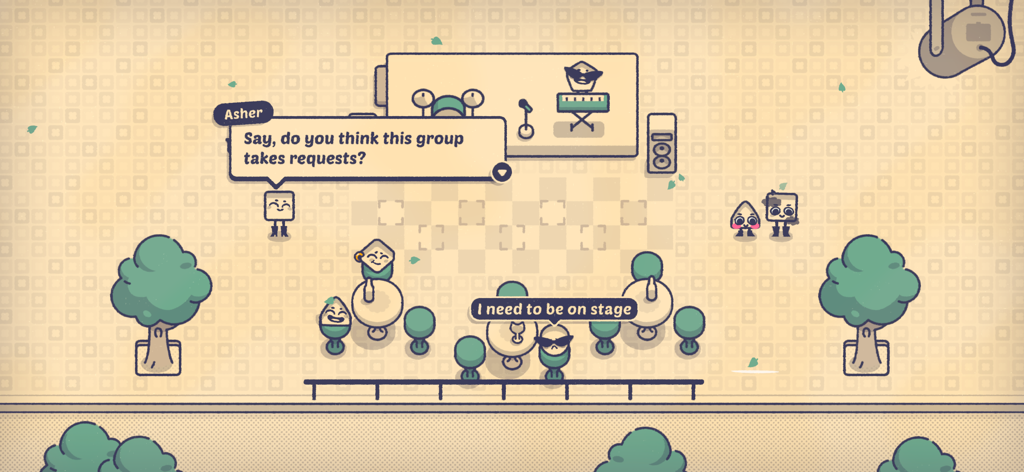Is This Seat Taken? - Gameplay screenshot of Is This Seat Taken showing cute characters at an outdoor concert venue with seating puzzles.