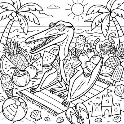Unleash your creativity with this delightful coloring page featuring a Campylognathoides pterosaur enjoying a tropical summer vacation. He's ready for a beach day, complete with sunglasses, a Hawaiian shirt, and a bounty of refreshing treats.
