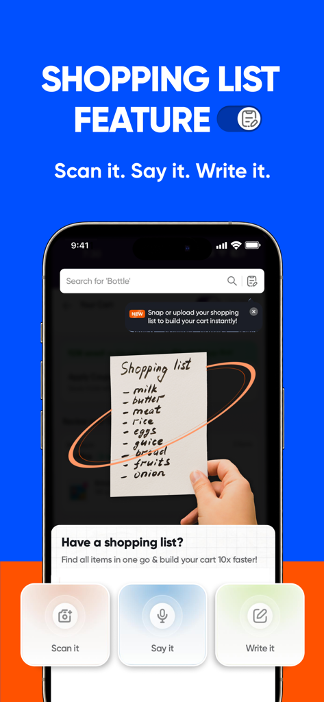 Instamart: Groceries & more - Uma tela de smartphone exibindo o recurso de lista de compras do Instamart com opções para escanear, falar ou escrever uma lista.