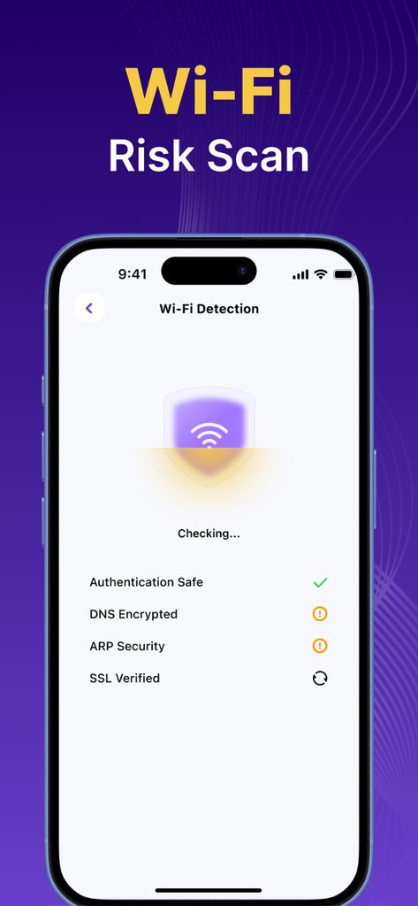Captura de tela do aplicativo AI Defender mostrando uma interface de varredura de risco Wi-Fi com indicadores de detecção de segurança