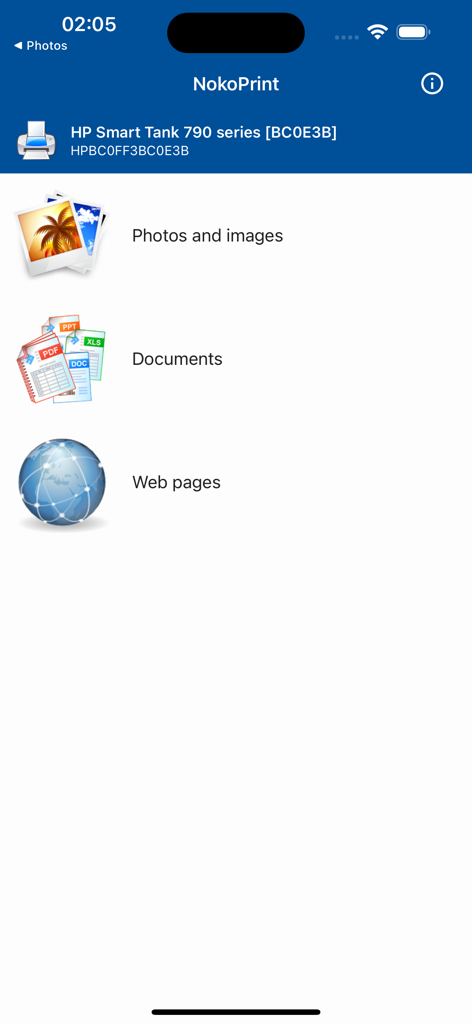 NokoPrint - Mobile Printing - Pantalla de inicio de la aplicación NokoPrint que muestra opciones para imprimir fotos, documentos y páginas web