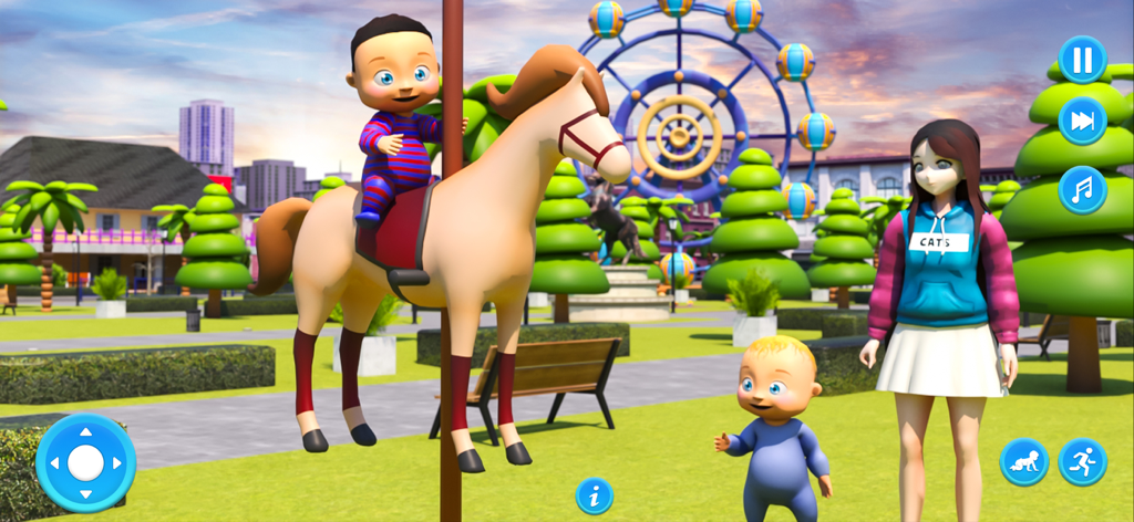 Twins Babysitter Sim:Baby Care - A babysitter watching two babies at a park with a carousel and Ferris wheel in the background
