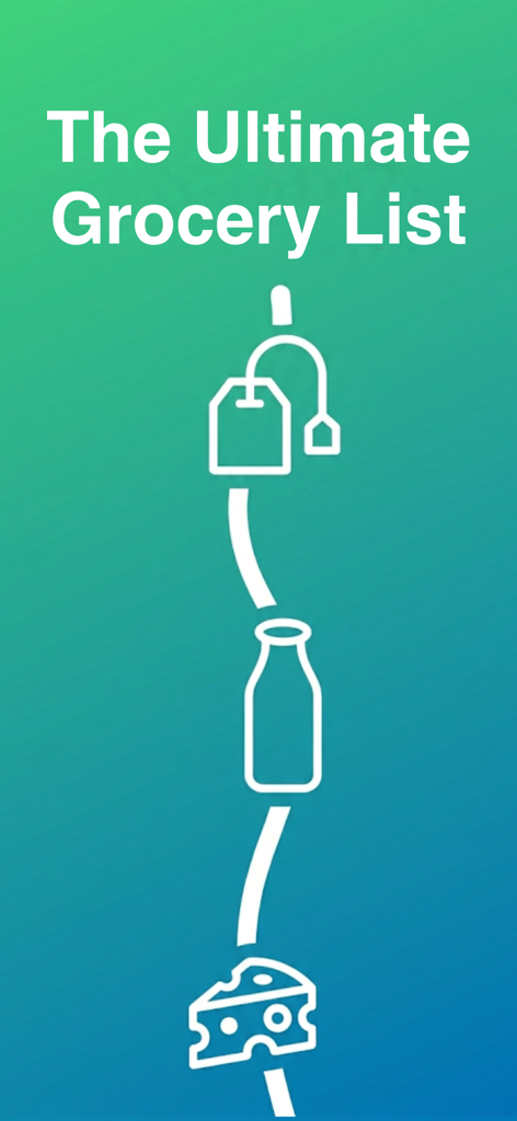 Grocery Flow - Grocery Flow app splash screen featuring an optimized shopping path with icons for tea milk and cheese under the text The Ultimate Grocery List