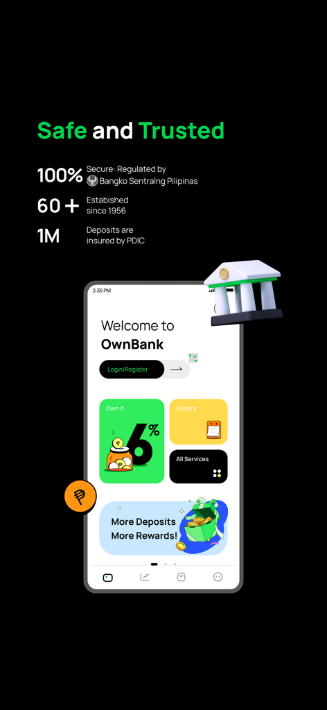 OwnBank - OwnBank mobile app interface highlighting its security credentials and account dashboard with high-interest savings offers