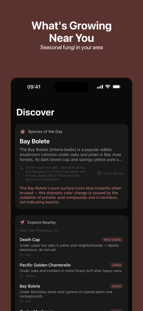 Foragr AI: Mushroom ID - Interface of Foragr AI app showing nearby mushrooms and species of the day with safety warnings