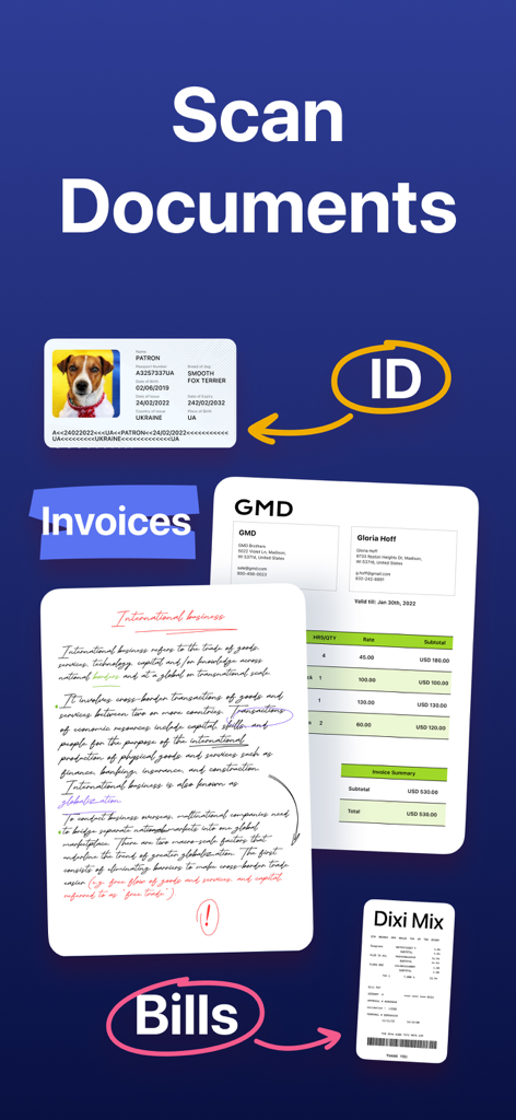Interface showing scanning of ID cards invoices notes and bills in the Documents app