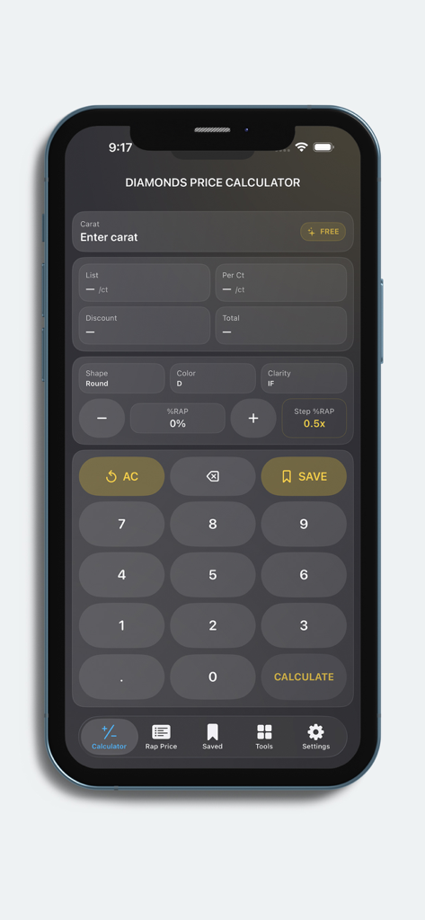 Pantalla de la aplicación Calcular Precio Diamante mostrando los campos de valoración de quilate, color y claridad con un teclado numérico