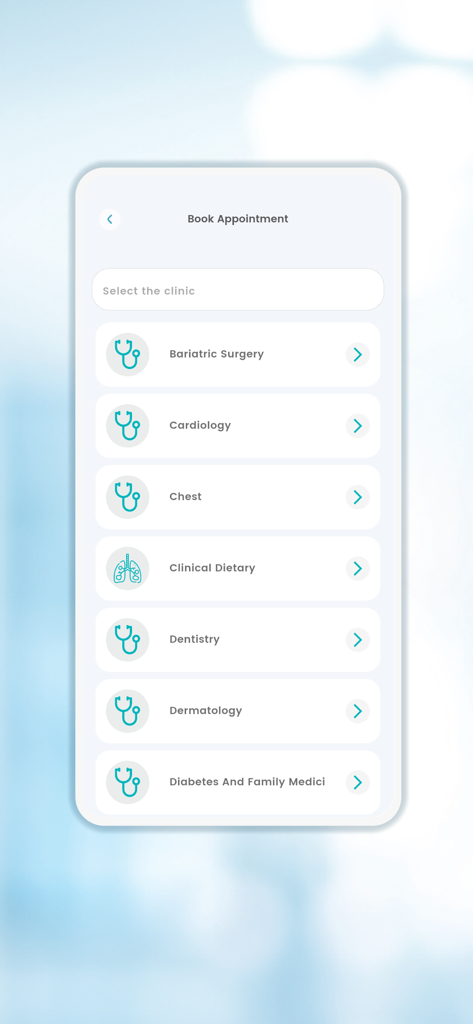 Makkah Medical Center app screen for selecting a medical clinic and booking an appointment