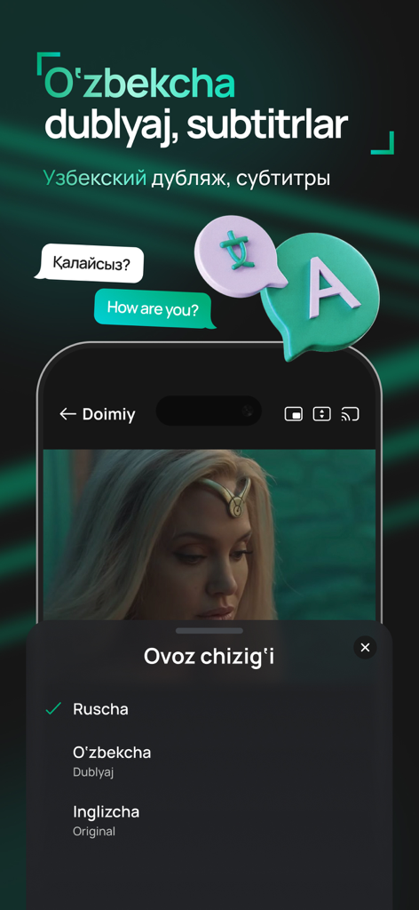 Frame Media - Interfaccia dell'app Frame Media per la selezione del doppiaggio e dei sottotitoli uzbeki durante la riproduzione di film