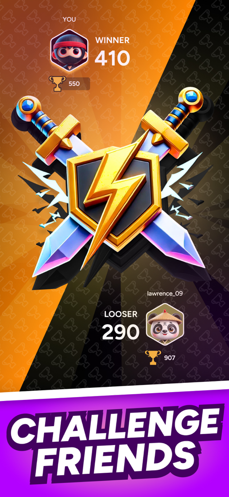 Hoora - Swipe & play fun games - Hoora app screen showing versus mode results between two players with the text challenge friends