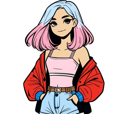 a realistic girl with a crop top and short shorts in an open jacket