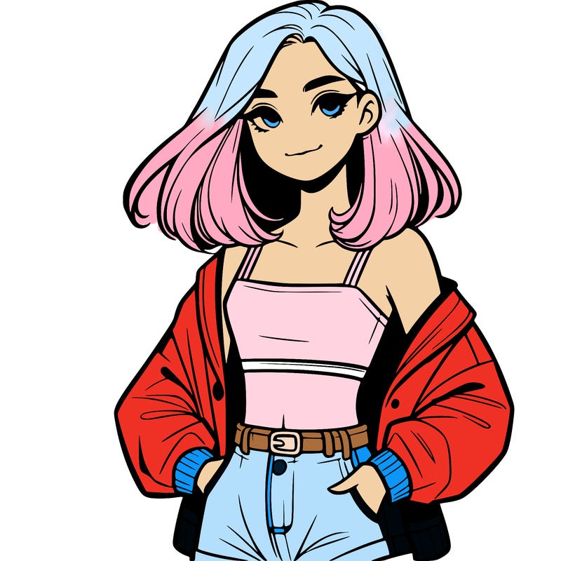 a realistic girl with a crop top and short shorts in an open jacket