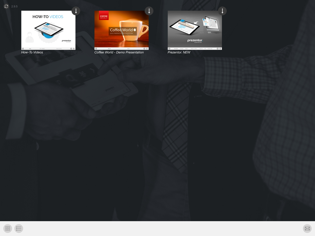 Prezentor app dashboard on iPad showing interactive sales presentation thumbnails including demo and training content