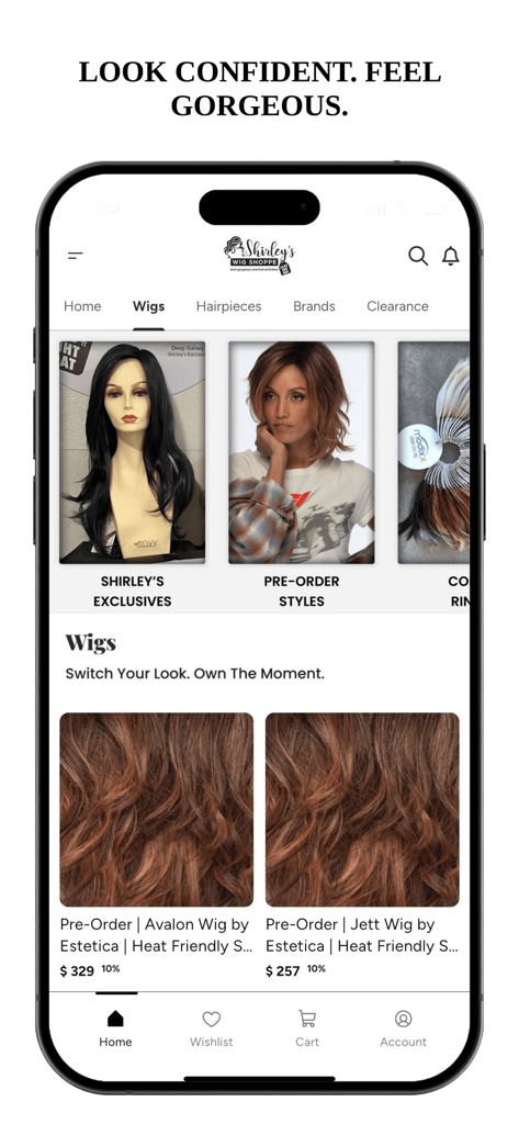 Shirleys Wig Shoppe - The home screen of the Shirley's Wig Shoppe mobile app displaying premium wigs and hairpiece collections for women.