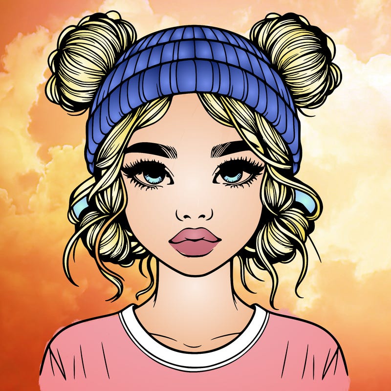 realistic girl with buns in her hair with a beanie on