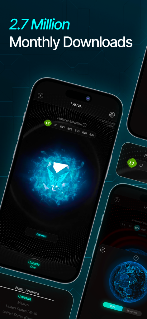 Interfaz de la aplicación móvil Larva VPN que muestra un botón de conexión y estadísticas que indican dos punto siete millones de descargas mensuales.