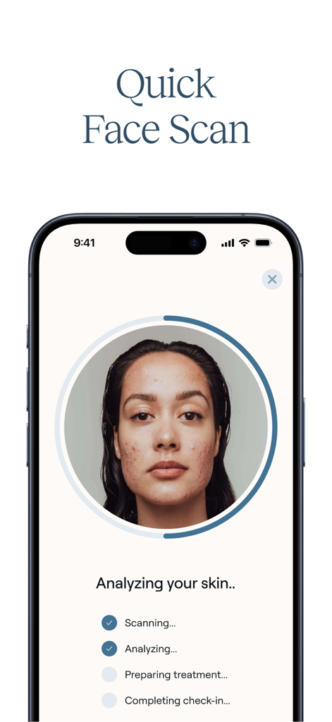 Nolla Acne - A smartphone showing the Nolla Acne app performing a digital face scan to analyze skin for personalized medical treatment.