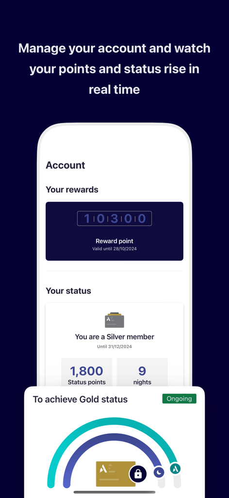 Mobile app interface for tracking ALL Accor reward points and loyalty status progress