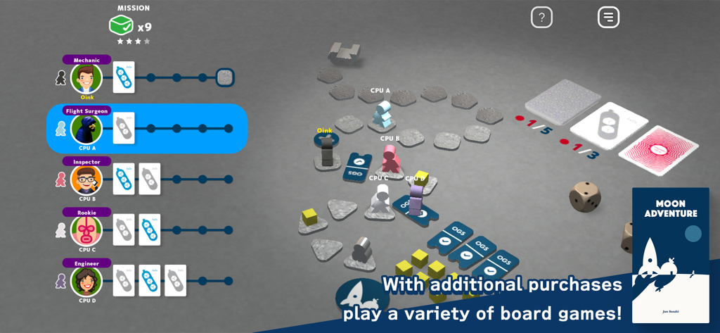 Let's Play! Oink Games - A gameplay screenshot of the Moon Adventure board game within the Lets Play Oink Games app showing minimalist character icons and digital game pieces.
