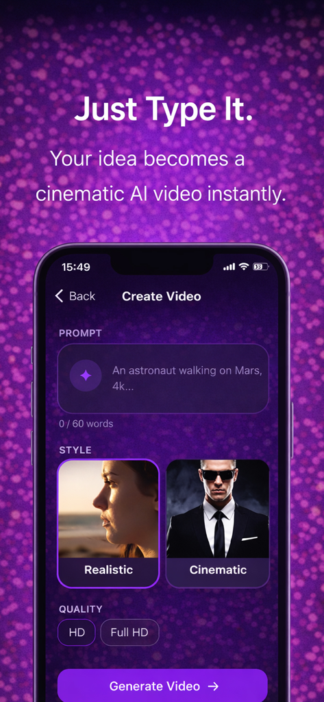 AI Video Generator & Video AI - Interface for creating AI videos from text prompts with options for realistic or cinematic styles.