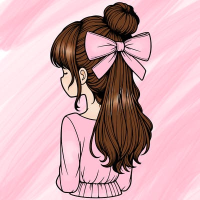 realistic girl  with hip length hair a bun and a big bow on the back of head