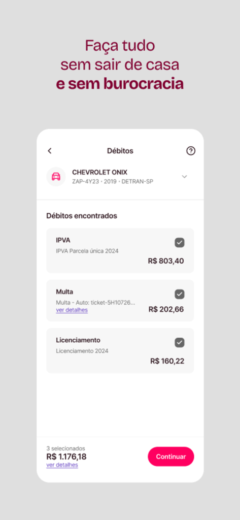 Zapay mobile app screen showing Brazilian vehicle debts including IPVA, fines, and licensing for a Chevrolet Onix.
