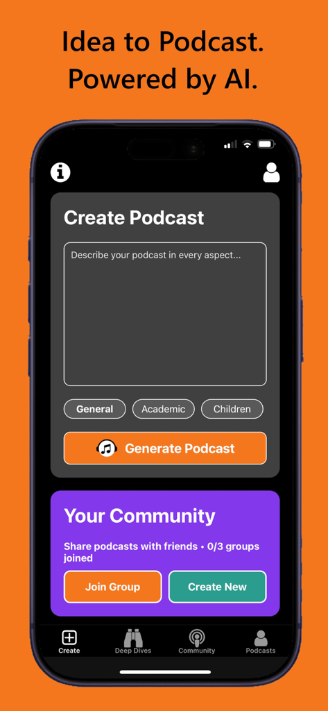 Écran de l'application AI Podcast Maker montrant les options de génération d'un podcast à partir d'une description textuelle avec des catégories pour le contenu académique général et pour enfants
