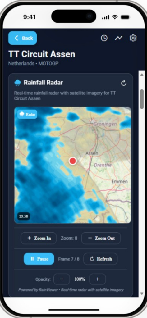 Radar delle precipitazioni in tempo reale per il TT Circuit Assen sull'app GridWeather Pro