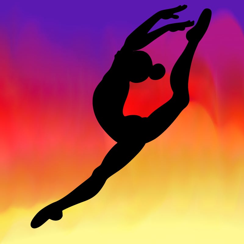 gymnast doing a leap in a leotard with a bent back leg
