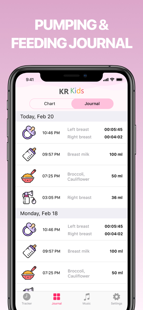 Screenshot of the KR Kids app journal view showing a log of breastfeeding, bottle feeding, and pumping sessions.