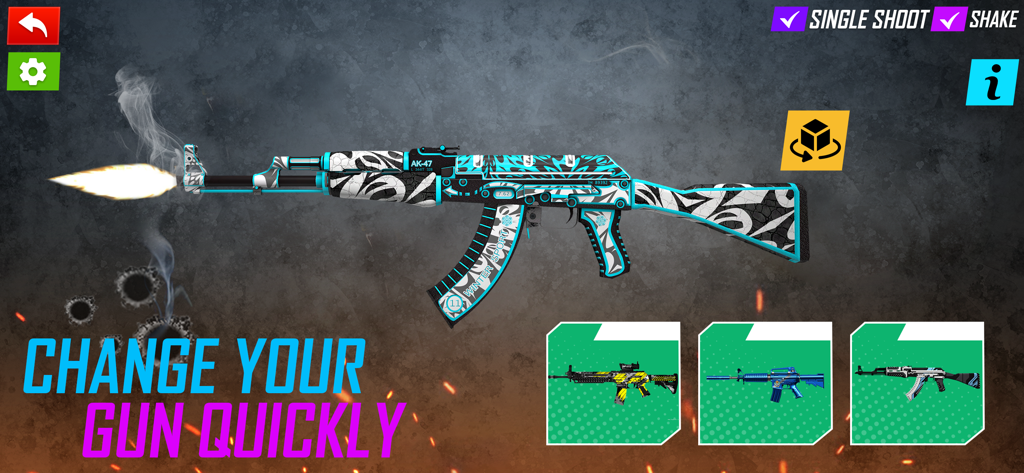 Skin de invierno personalizada para AK-47 con destello de boca y menú de selección de armas en la app Sonidos de Armas
