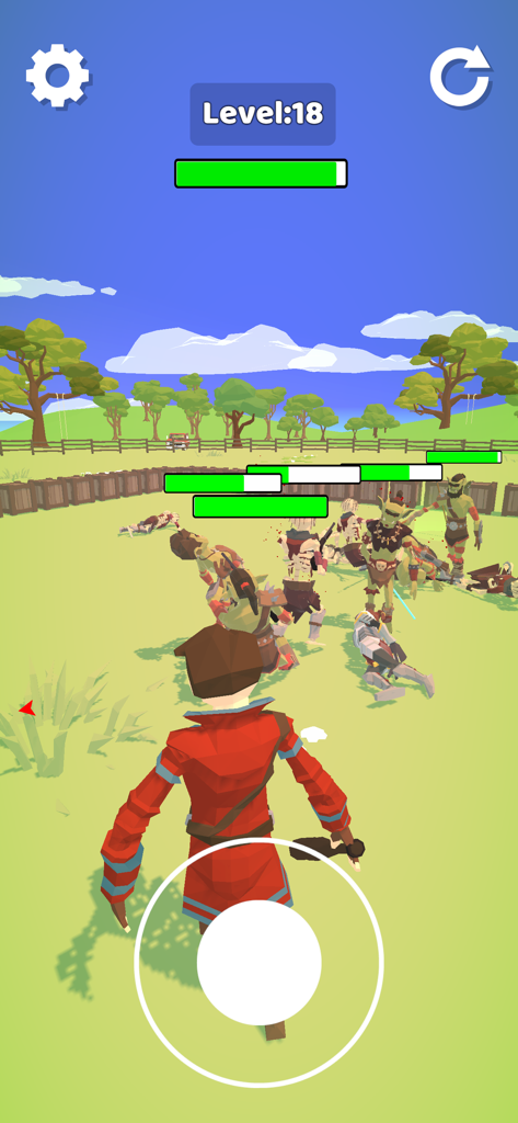 Ragdoll Arena - A character in red faces monsters in a green field arena during level 18 of Ragdoll Arena