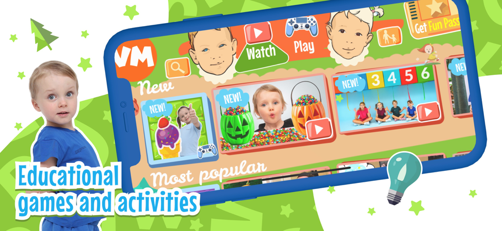 Vania Mania Kids Games & Video - Interface of the Vania Mania Kids app featuring educational games and videos for preschoolers