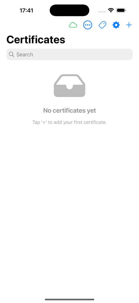 Empty certificates list screen in the cManager plus app interface with a prompt to add a new certificate.