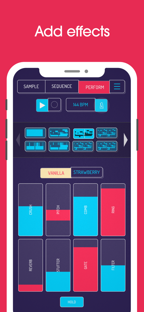 Koala Sampler - A mobile interface for Koala Sampler showing touch-controlled performance effects like crush, pitch, and reverb pads