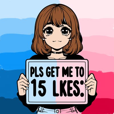 realistic girl holding up a sign that says “pls get me to 15 likes!”